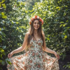 woman with a flower wreath in her hair preparing for Midsummer celebrations,