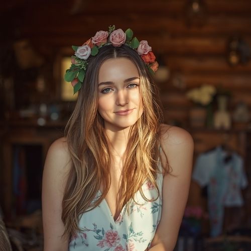 A young female in a flower wreath. This is something you often see in Sweden around Midsummer.