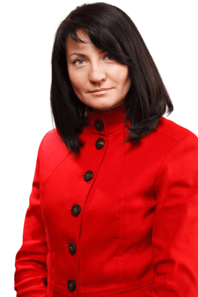 A black-haired woman in a red coat