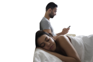 young latino man and woman in bed