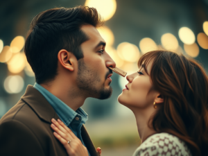 man using a clothclip to avoid smelling his girlfriend's bad breath