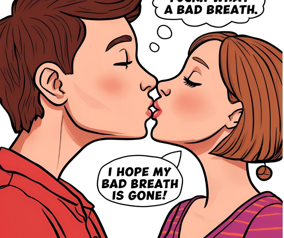 The Hidden Culprit Behind Bad Breath (And Why It’s Not Just Food) 2 Image of a blushing couple kissing 2