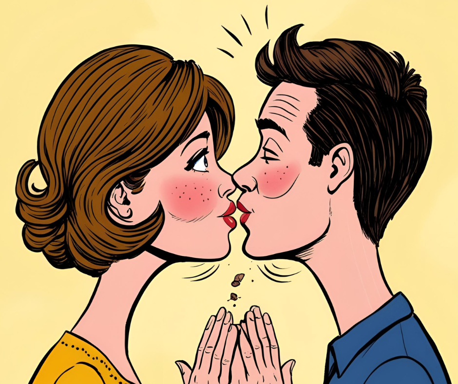The Hidden Culprit Behind Bad Breath (And Why It’s Not Just Food) 3 Image of a blushing couple kissing