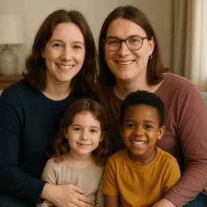 cis-gendered woman with a transwoman, their daughter, and adopted black son,