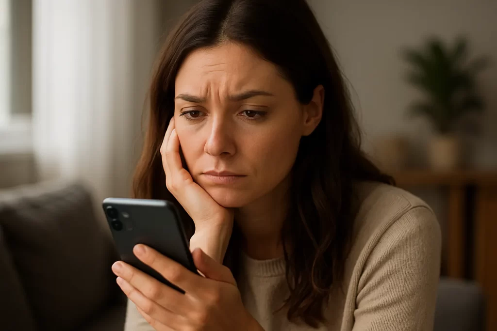 A young woman with long brown hair sitting indoors, looking thoughtfully at her smartphone with soft daylight from a nearby window.