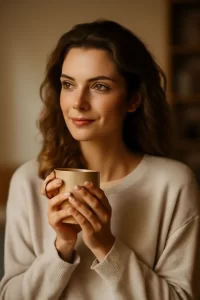 A photograph captures a young woman with wavy hair, holding a cup of hot beverage, evoking warmth, clarity, and connection.