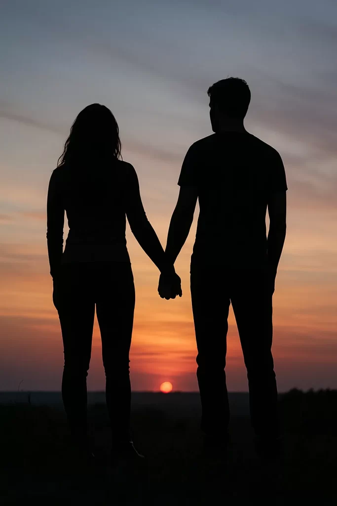 Silhouette of a couple holding hands at sunset, standing close together against a colorful sky with orange, pink, and purple hues.