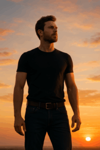 Independent man standing strong, representing freedom and autonomy.