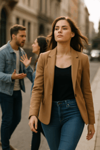 Empowered woman walking away from emotional baggage, knowing her worth.