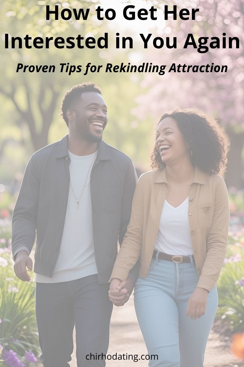 Black couple walking hand in hand through a park, with overlay text 'How to Get Her Interested in You Again' and subtitle 'Proven tips for rekindling attraction'