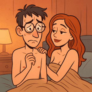 insecure male in bed with a gorgeous woman,