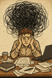 Person overwhelmed with unresolved issues, symbolized by a cluttered desk