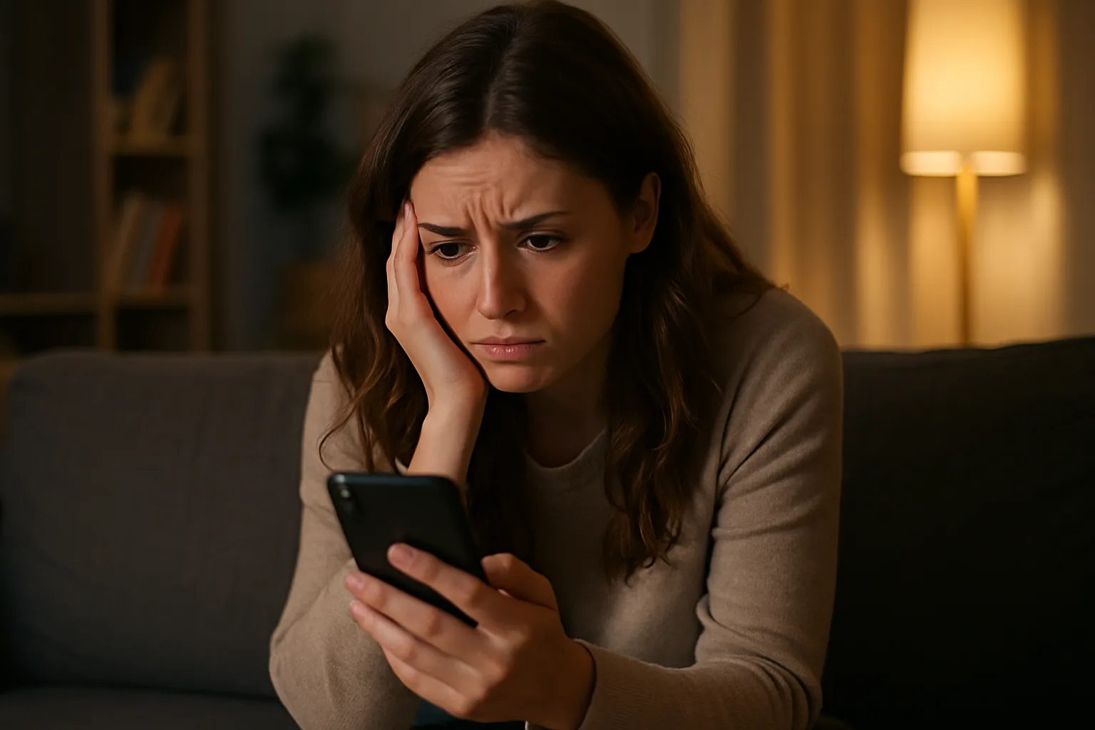 A woman sits alone on a couch, staring at her phone with a worried expression.