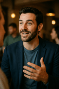 Man engaging in a relaxed social conversation, demonstrating confident body language and connection