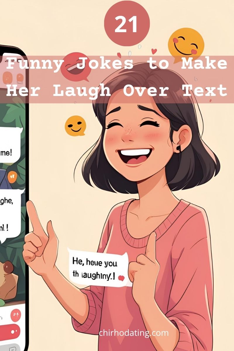 Illustration of a woman smiling and laughing at her phone after receiving funny jokes to make her laugh over text