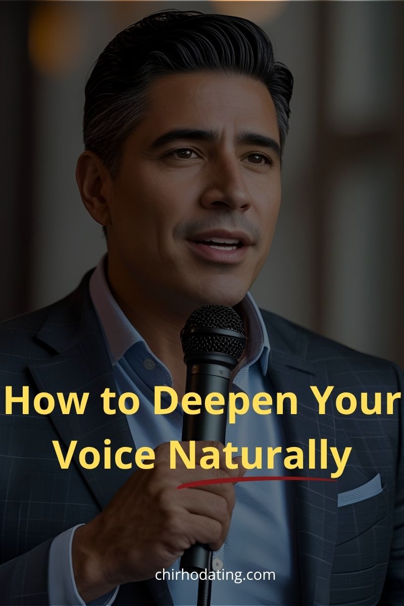 Latino man in a blue blazer singing with emotion, representing vocal control and the expressive power of a deeper voice