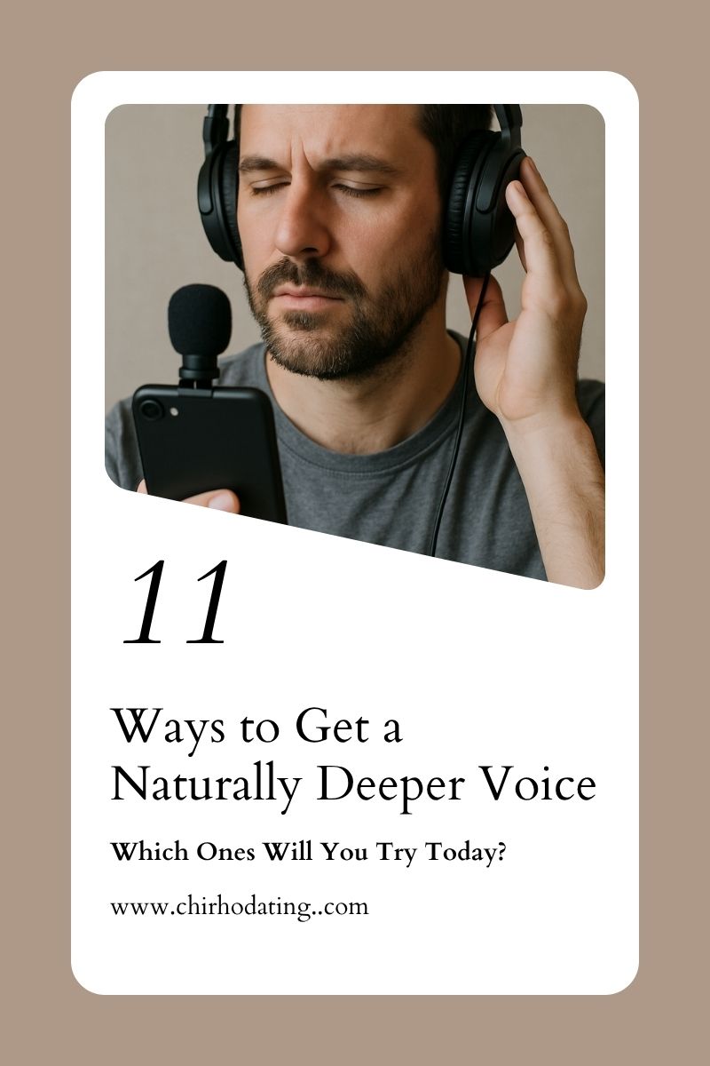 Man with headphones and microphone, eyes closed as he records audio, symbolizing the practice of developing a deeper voice