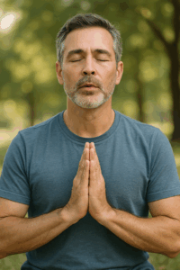 Man practicing meditation to reduce stress and improve erectile dysfunction.