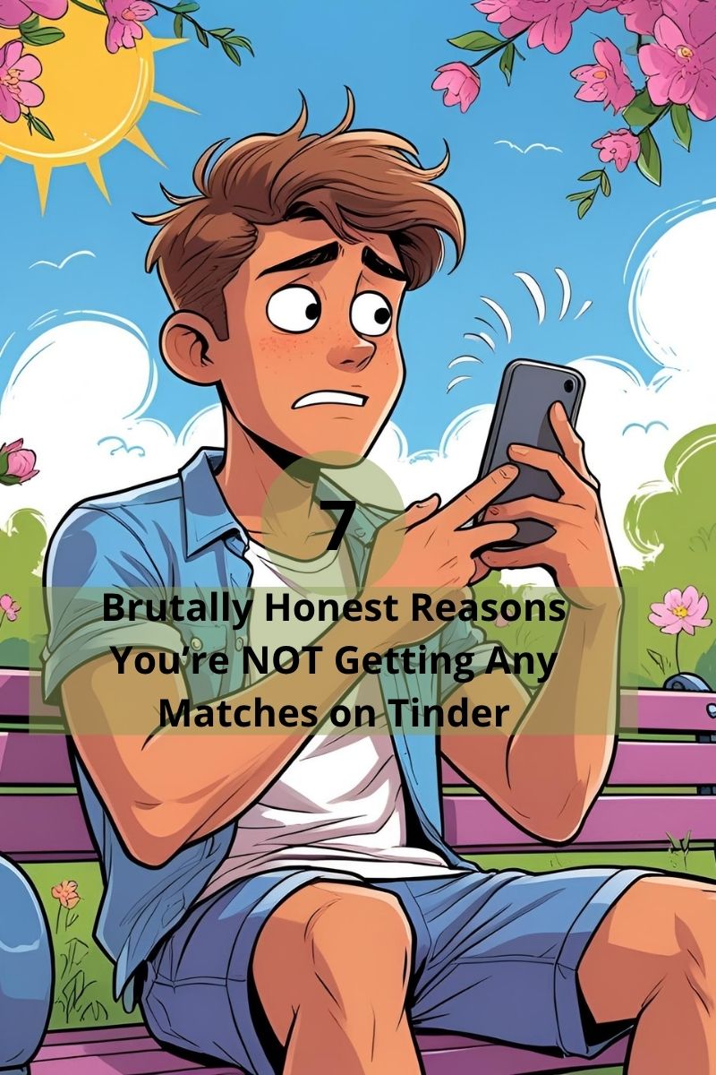 Cartoon of a worried young person sitting on a park bench, staring at their phone in frustration over dating app matches