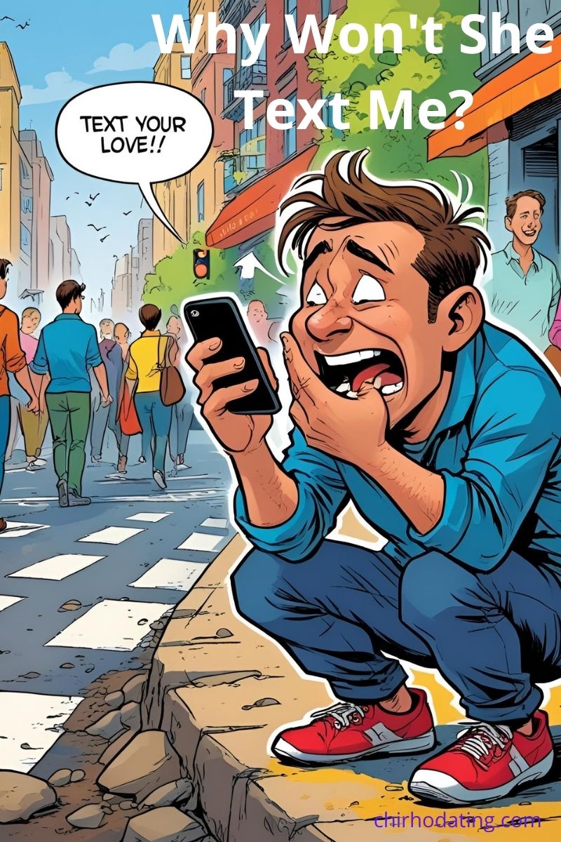 Anxious cartoon man checking his phone on the sidewalk, wondering why she hasn't texted him back, with a bubble that says 'Text Your Love!!!'