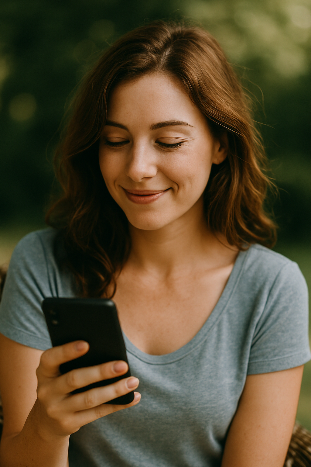 Caucasian woman smiling and looking at her phone,