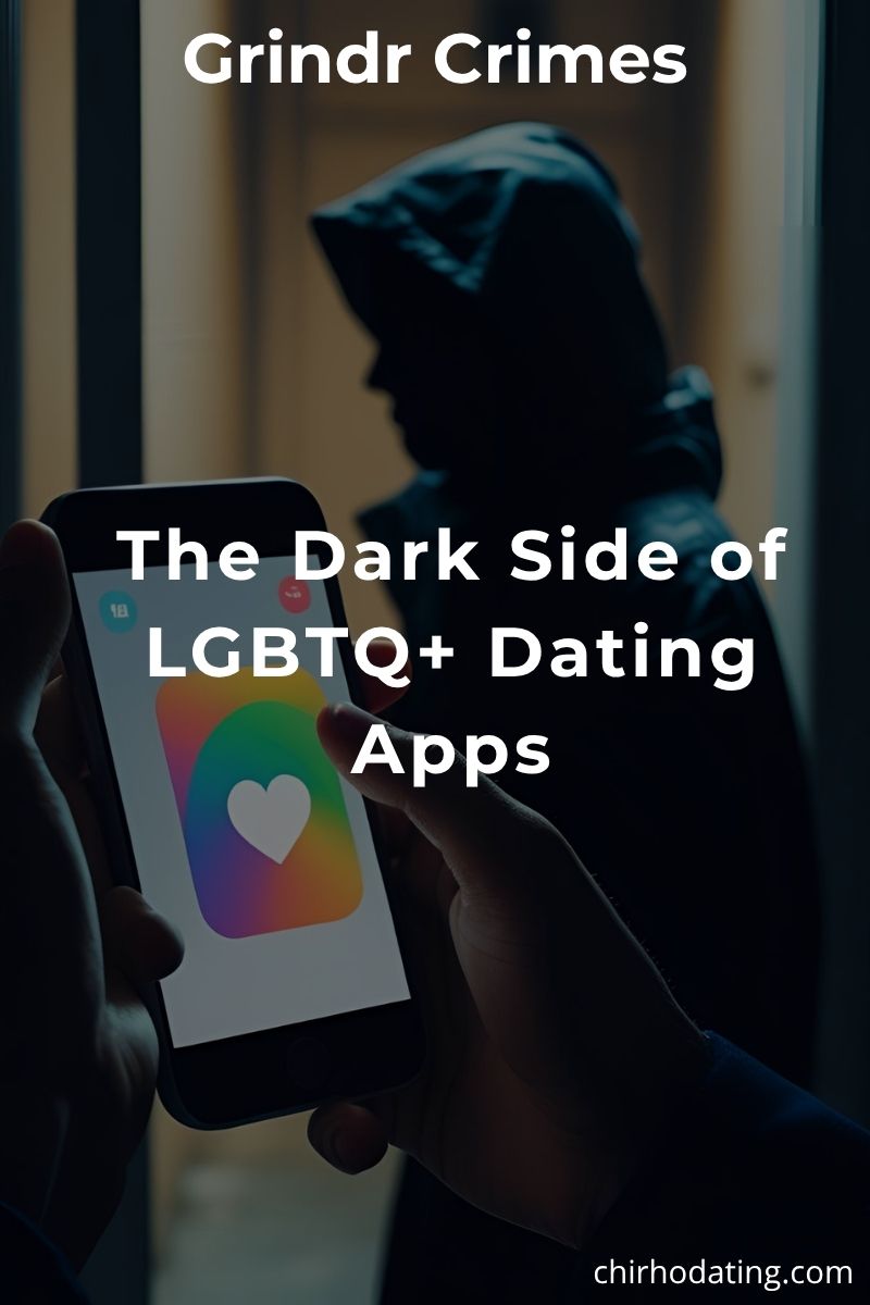 A person holds a rainbow-themed dating app on their phone, unaware of a shadowy figure lurking in the background. Symbolic of online LGBTQ+ dating dangers.