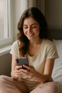 smiling woman in her bedroom