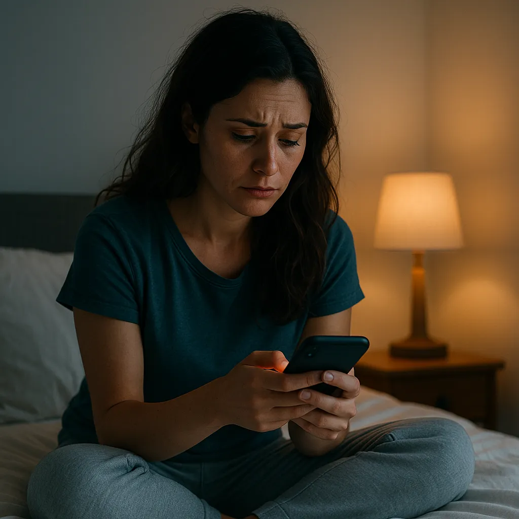 A woman sitting on her bed in low light, hesitating while looking at her phone.