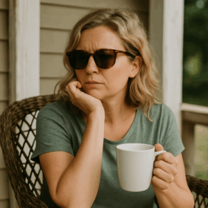 A woman in sunglasses sitting on the porch with a cup of coffee,