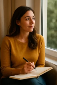 Woman journalling and looking outside of a window