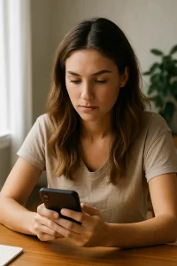 A smiling woman looking at her phone, clearly pleased with the message she just received.