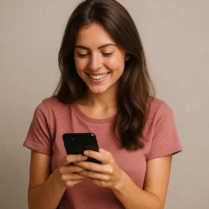 A woman smiling warmly at her phone as she reads a text message.