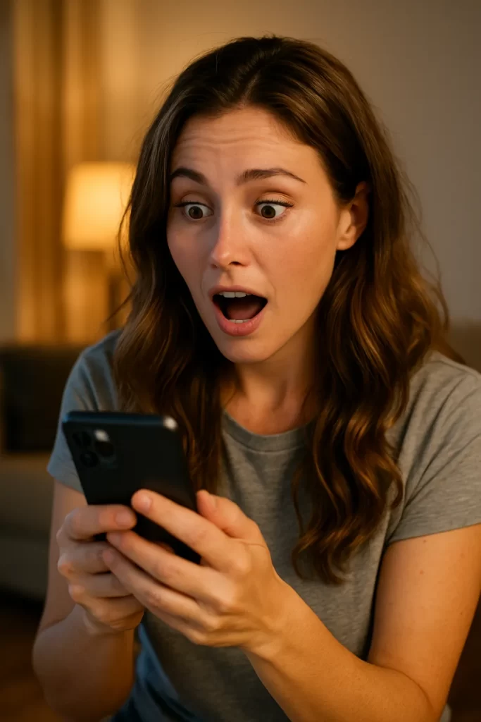 A woman sitting on a couch, holding her phone with a worried expression, waiting for a message.
