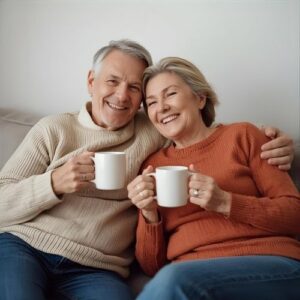 Elderly couple drinking tea together