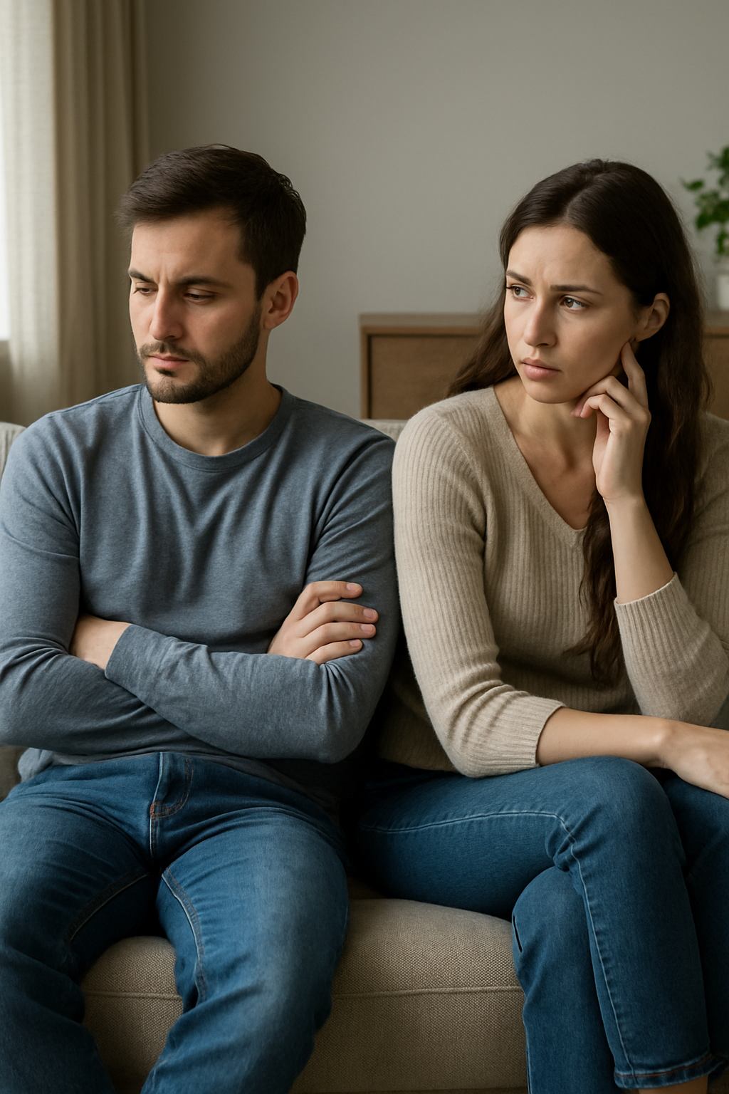 Man and woman sitting apart on a living room sofa, their body language reflecting emotional distance