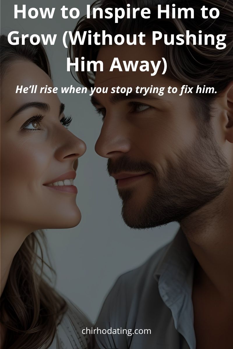 Woman gazing lovingly at a man who looks slightly away, portraying how to inspire him to grow without pushing him away