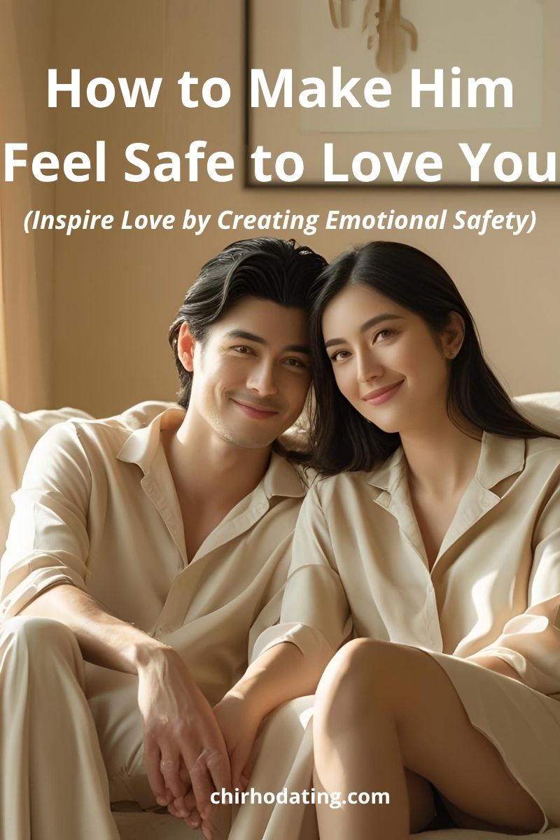 South Asian couple sitting on a white sofa with their heads leaning together, smiling at the camera, illustrating how to make him feel safe to love you