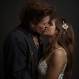 an attractive young couple kissing on a dark background,
