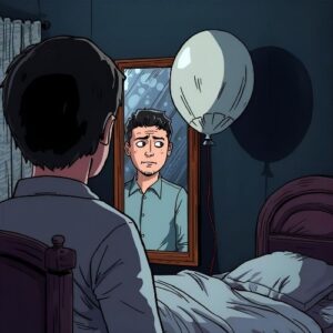 an image of a cartoon man looking in the mirror with a balloon to his right as a sign of lost vitality,