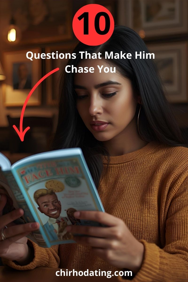 cover image displaying a woman reading a guide on how to make him chase you questions
