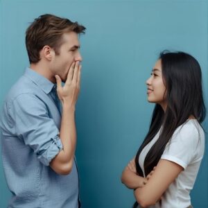 man covering his mouth with his hand while talking to an attractive woman,