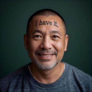 man with text in his forehead,