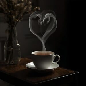 a hot cup of tea on a nightstand with the steam forming a heart