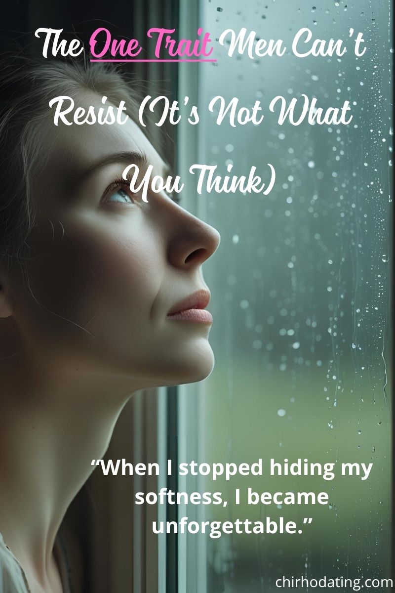 Woman gazing out of a rain-covered window, reflecting the one trait men can’t resist with overlay text 'The One Trait Men Can't Resist (It's Not What You Think)