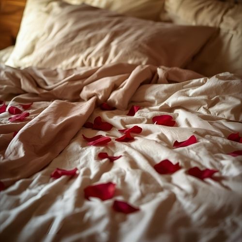 Romantic bedroom setting with rose petals, symbolizing intimacy and connection.