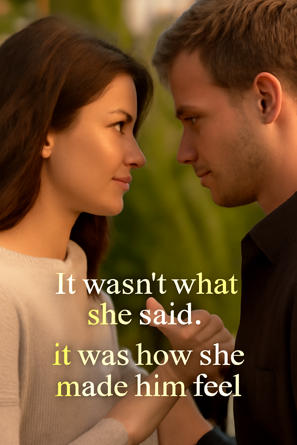 Romantic outdoor scene of a couple facing each other closely, illustrating body language in dating with the text 'It wasn’t what she said. It was how she made him feel