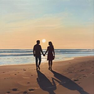 Happy couple connecting—walking hand-in-hand on a beach understanding men’s emotional needs.