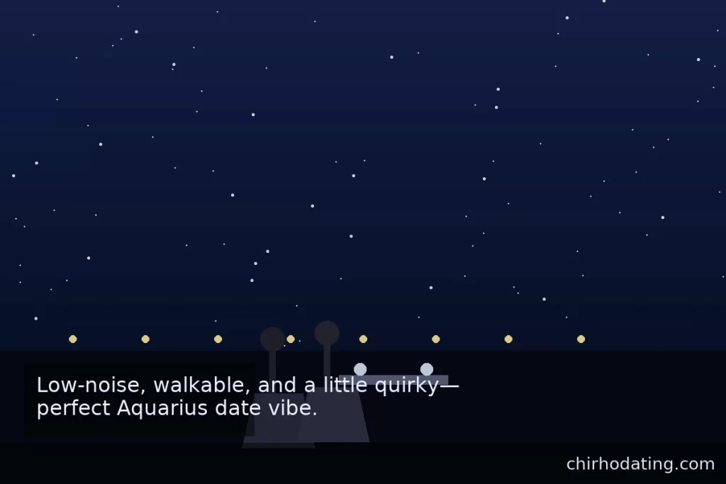 Real-life dating environments that suit Aquarius; low-noise rooftop nook.