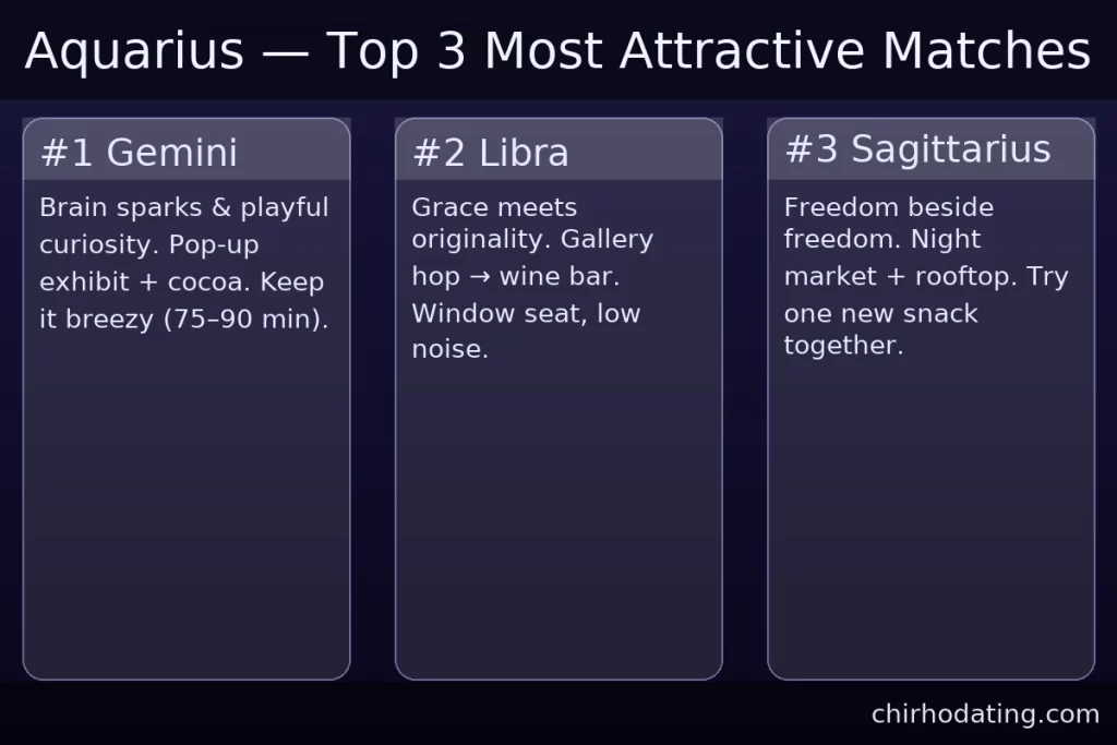 Aquarius best matches—Gemini, Libra, Sagittarius—with reasons.