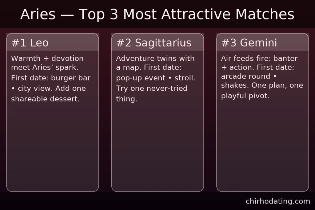 Aries best matches—Leo, Sagittarius, Gemini—with reasons.